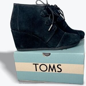 TOMS Suede Lace Up Wedge Ankle Boots‎ Black Womens Size 7